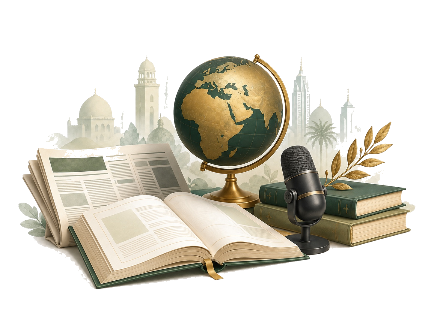 Books, newspaper, globe and microphone representing Modern Standard Arabic in education and media