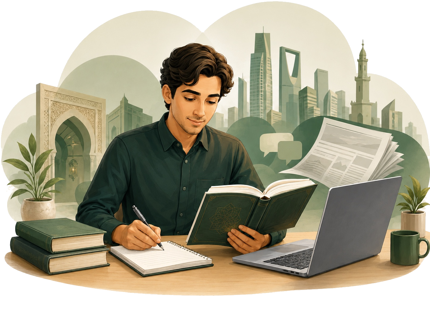 Adult learner studying Modern Standard Arabic with books, a newspaper and a laptop